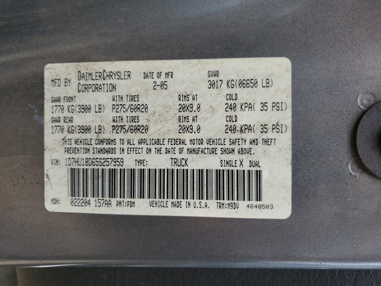 2005 Dodge Ram 1500 St VIN: 1D7HU18D65S257959 Lot: 64985744