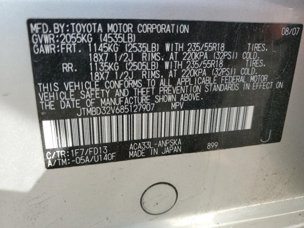 2008 Toyota Rav4 Sport VIN: JTMBD32V685127907 Lot: 63662374