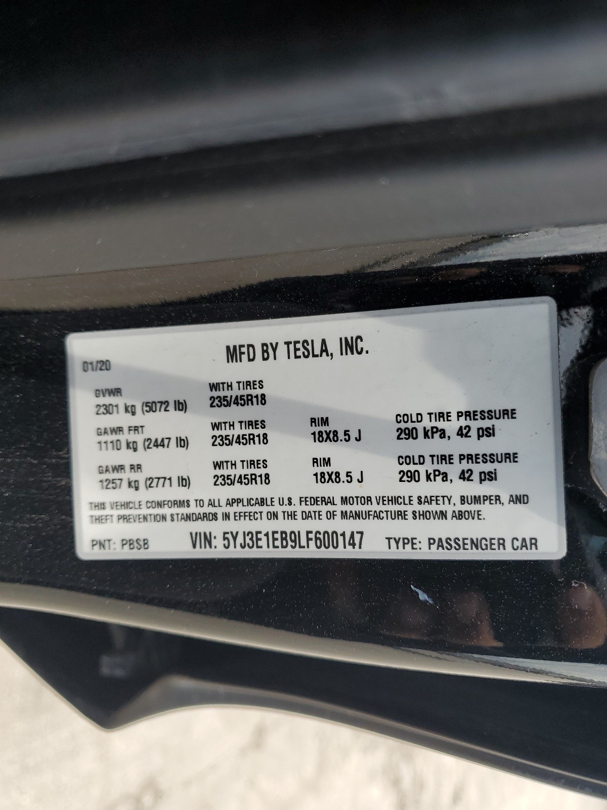 5YJ3E1EB9LF600147 2020 Tesla Model 3