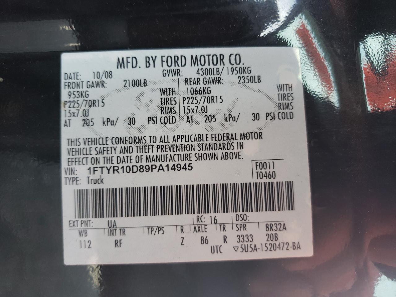 2009 Ford Ranger VIN: 1FTYR10D89PA14945 Lot: 62241274