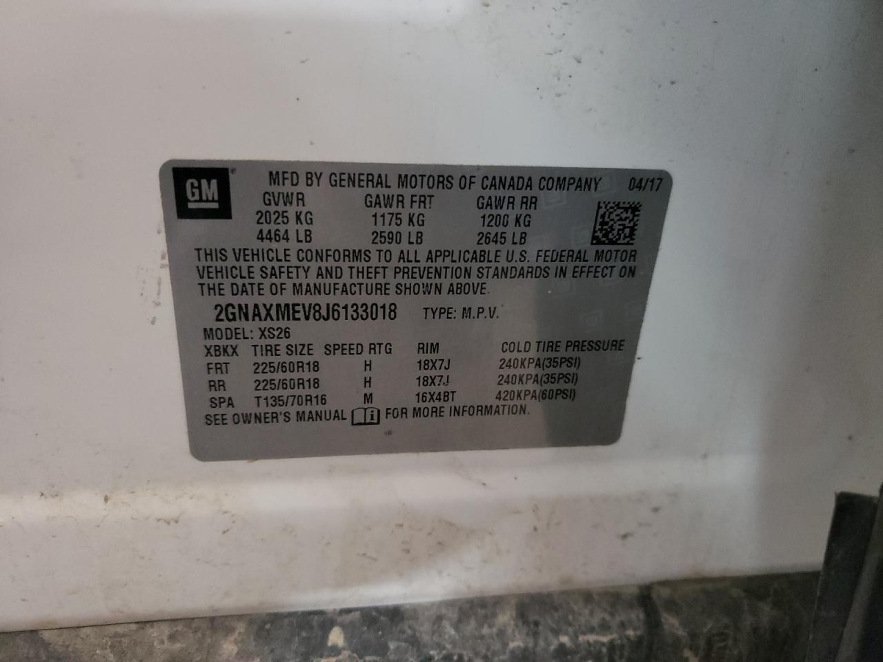 2018 Chevrolet Equinox Premier VIN: 2GNAXMEV8J6133018 Lot: 63291444