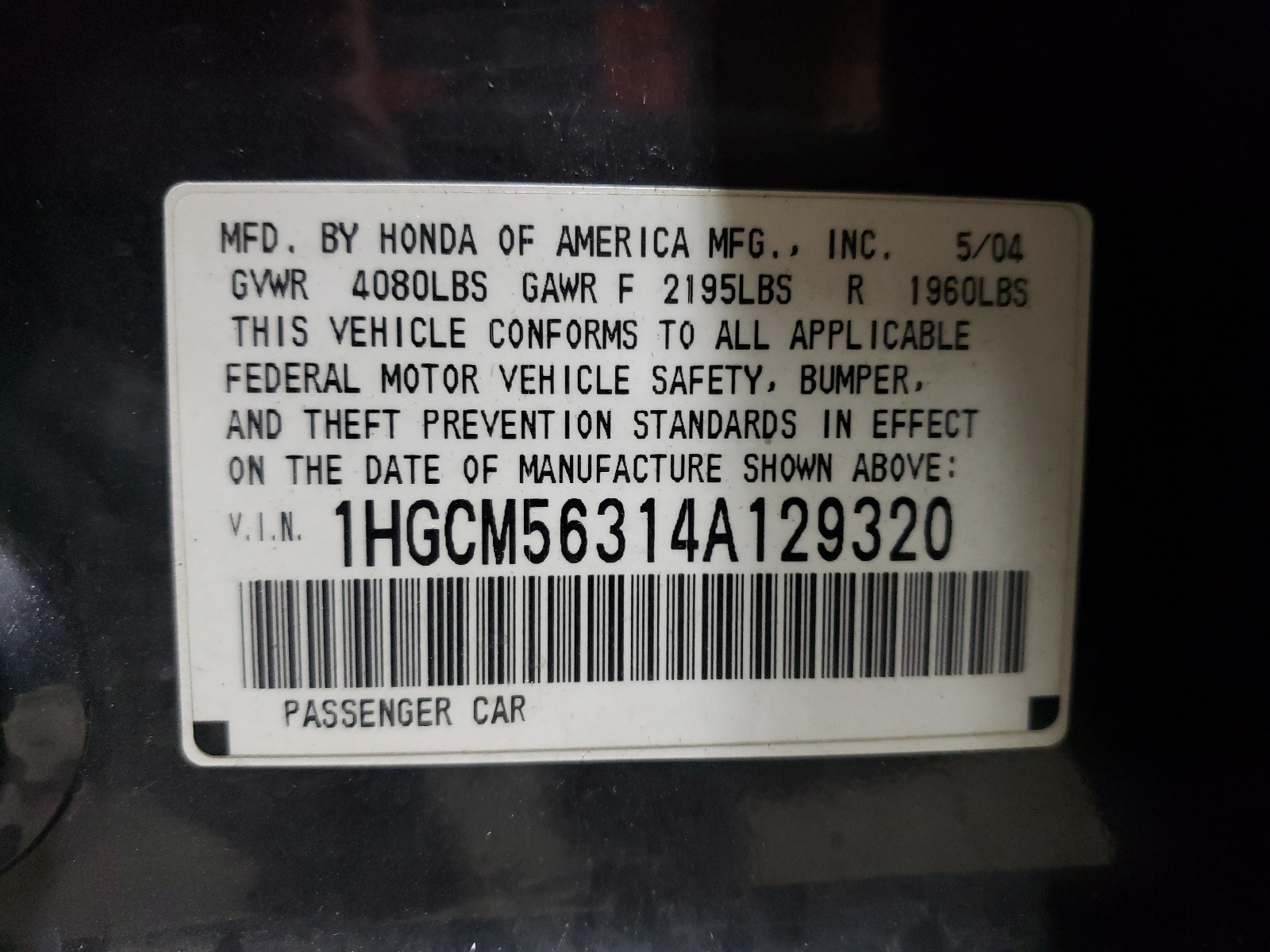 1HGCM56314A129320 2004 Honda Accord Lx