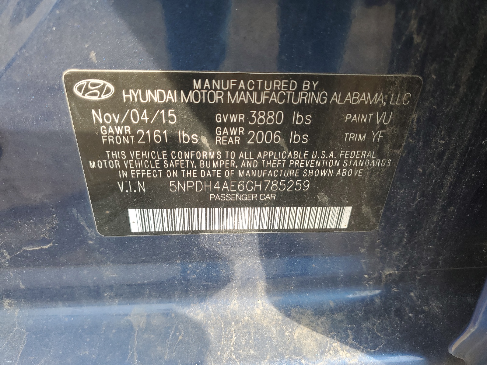 2016 Hyundai Elantra Se vin: 5NPDH4AE6GH785259