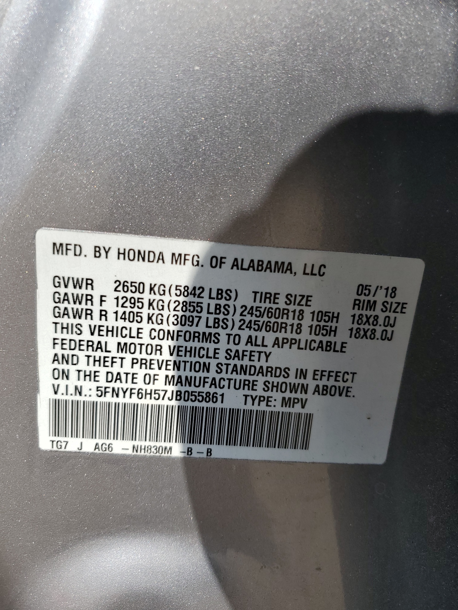 5FNYF6H57JB055861 2018 Honda Pilot Exl