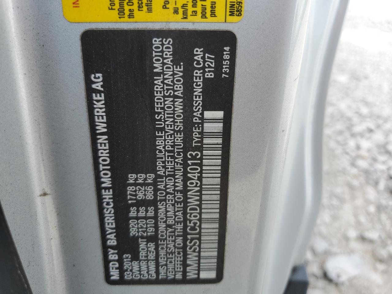 2013 Mini Cooper Paceman VIN: WMWSS1C56DWN94013 Lot: 63148164