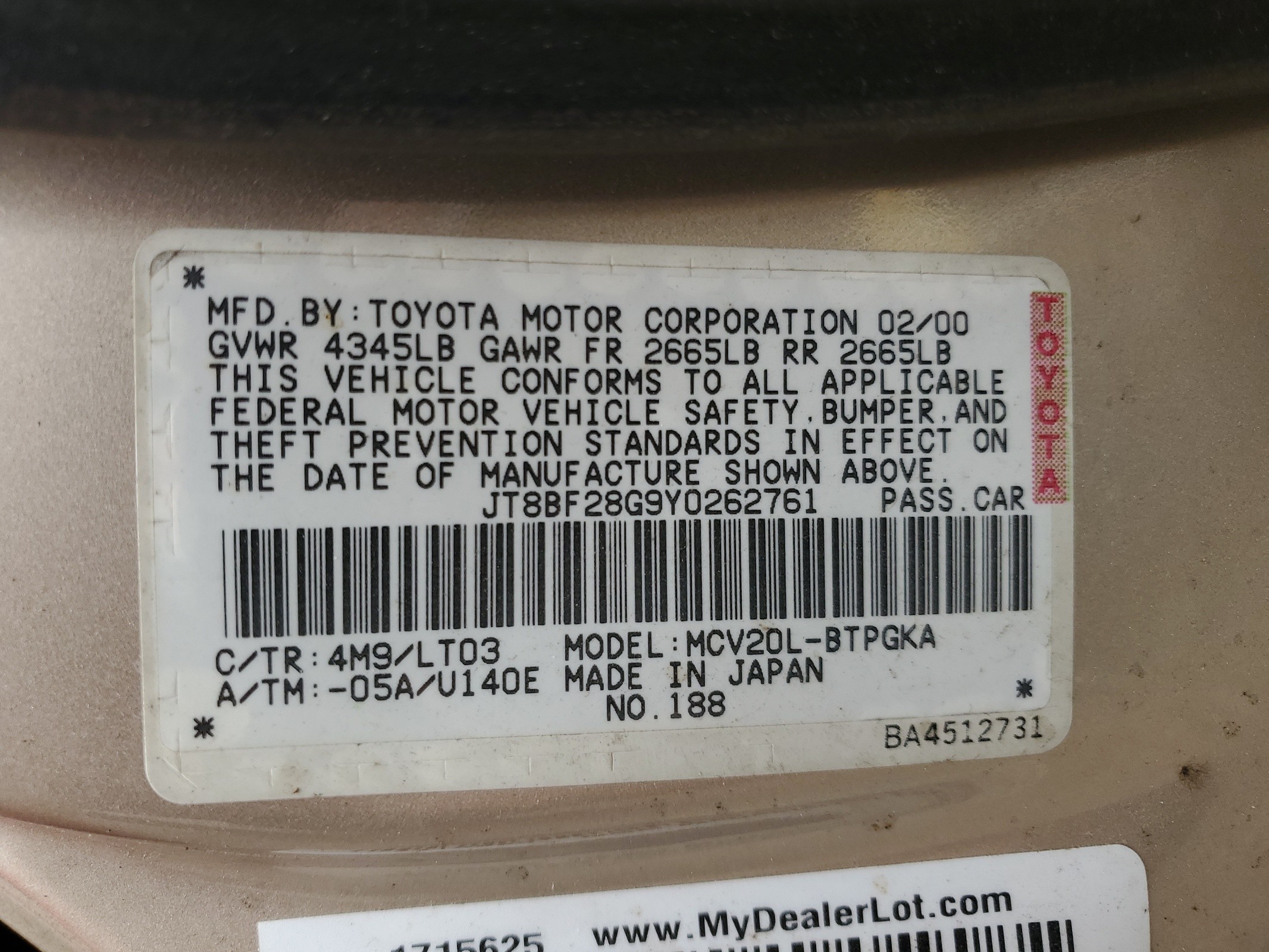 JT8BF28G9Y0262761 2000 Lexus Es 300