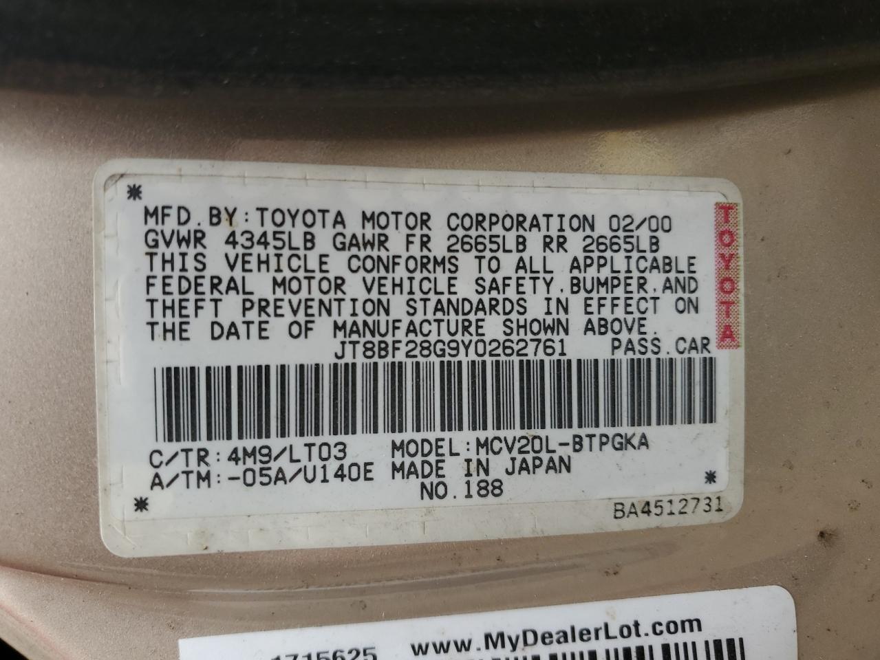 2000 Lexus Es 300 VIN: JT8BF28G9Y0262761 Lot: 63868514