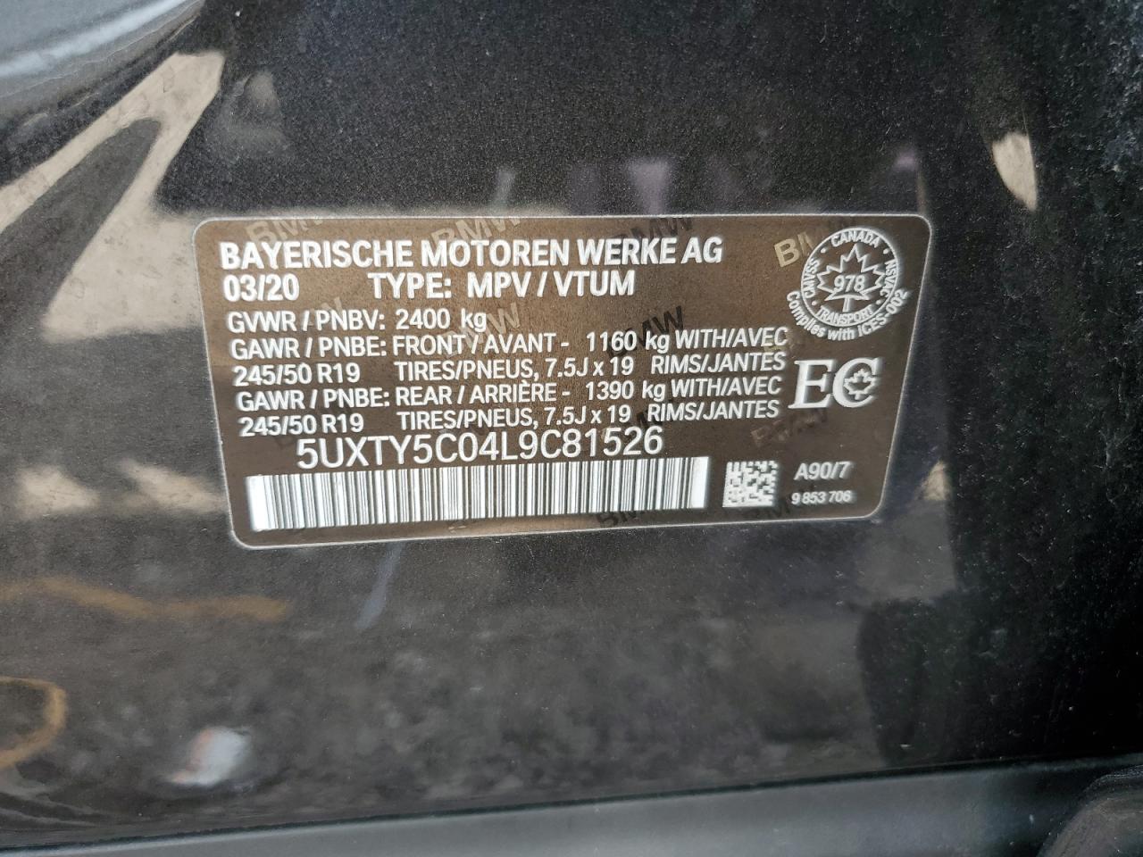 2020 BMW X3 xDrive30I VIN: 5UXTY5C04L9C81526 Lot: 64212544