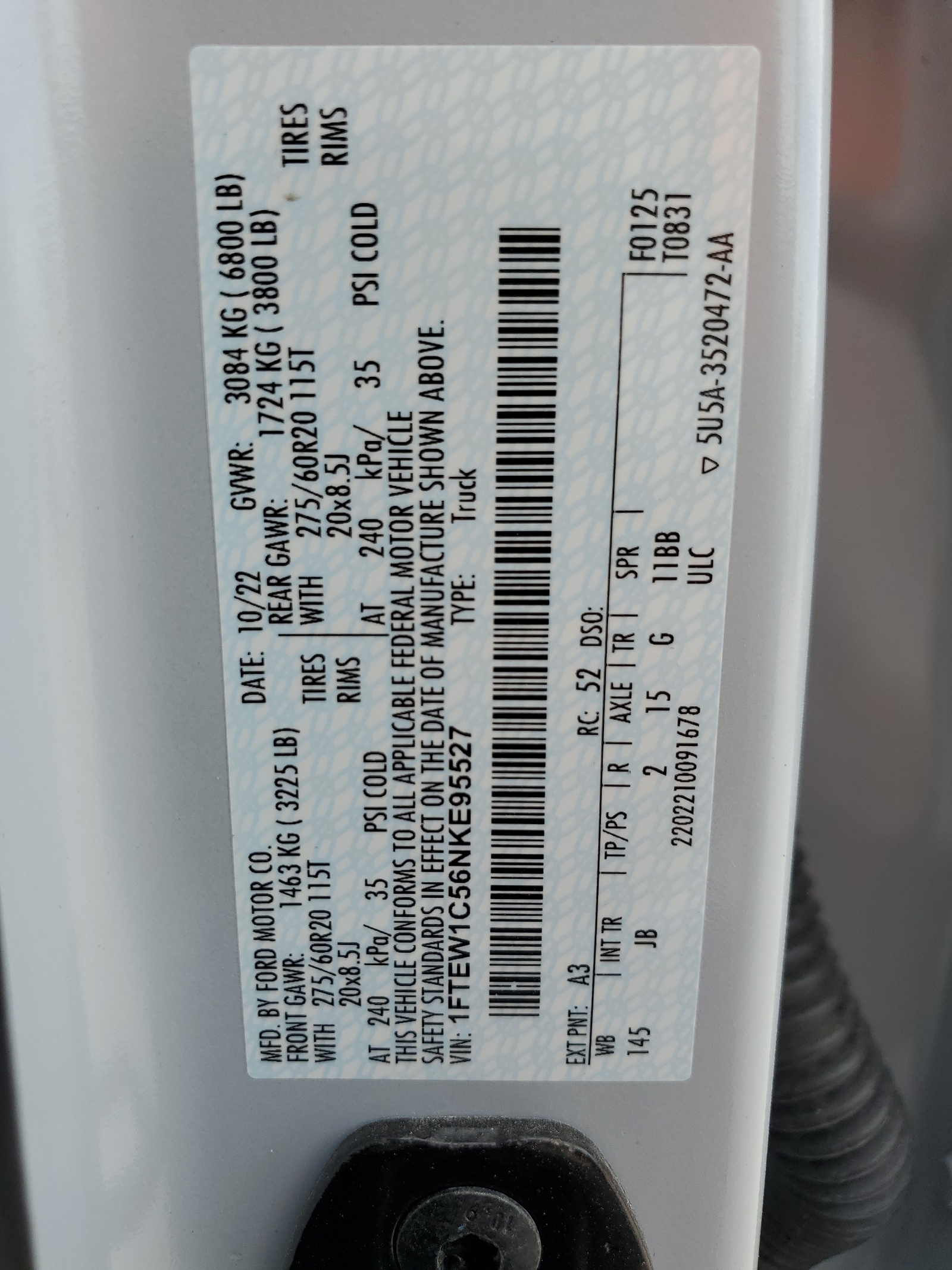 1FTEW1C56NKE95527 2022 Ford F150 Supercrew