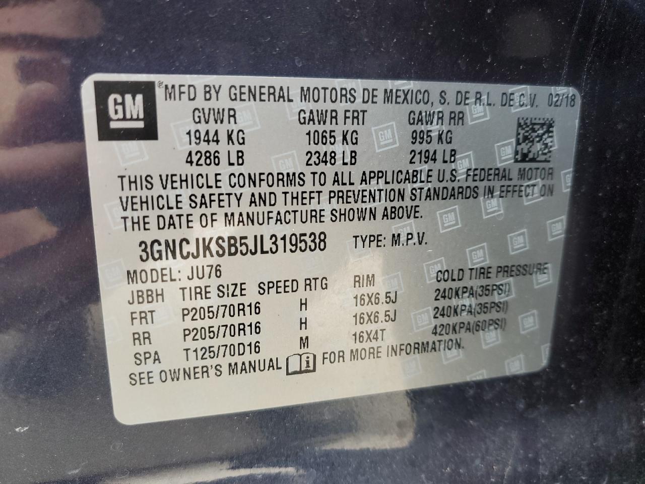 3GNCJKSB5JL319538 2018 Chevrolet Trax Ls