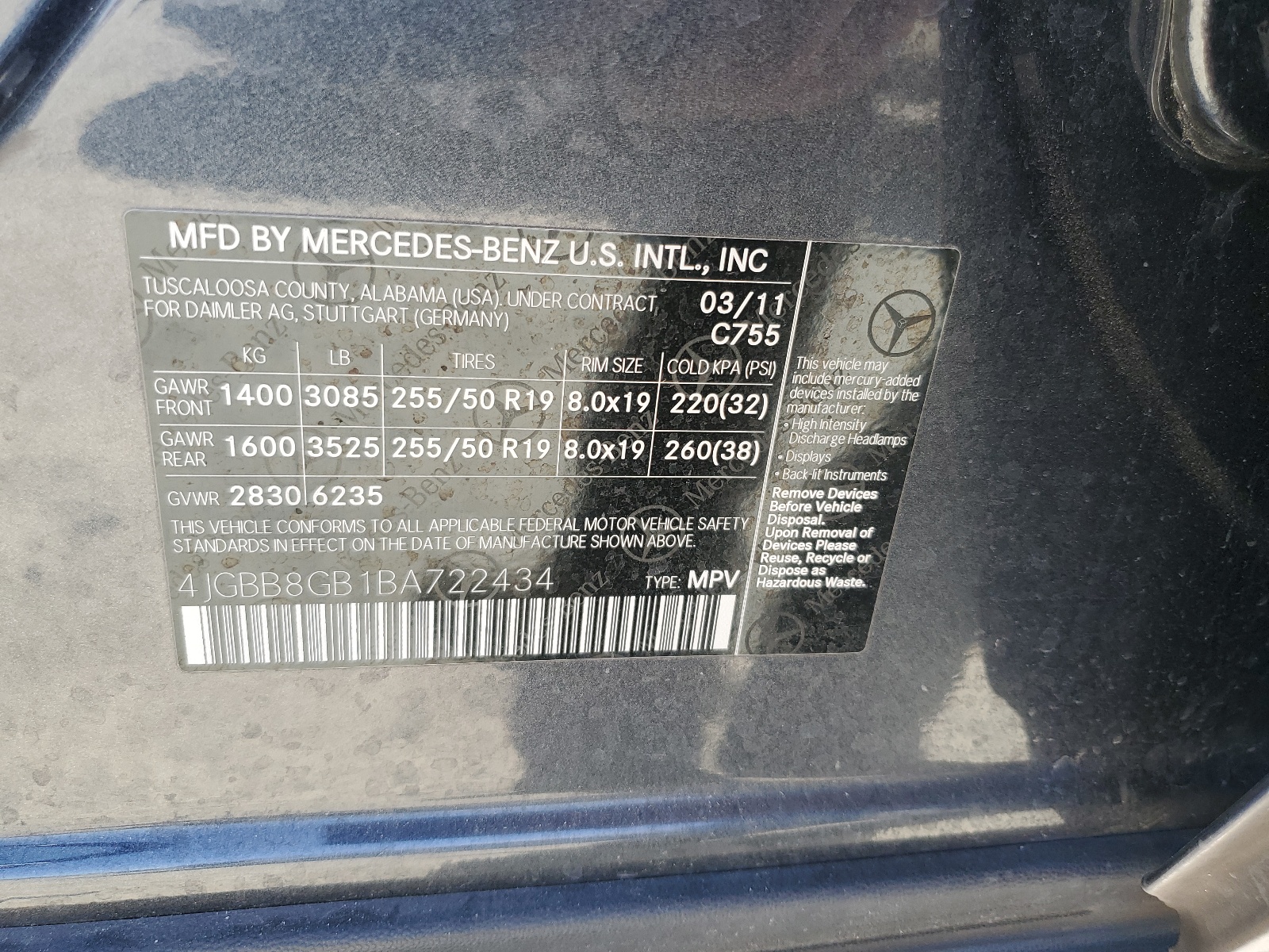 4JGBB8GB1BA722434 2011 Mercedes-Benz Ml 350 4Matic