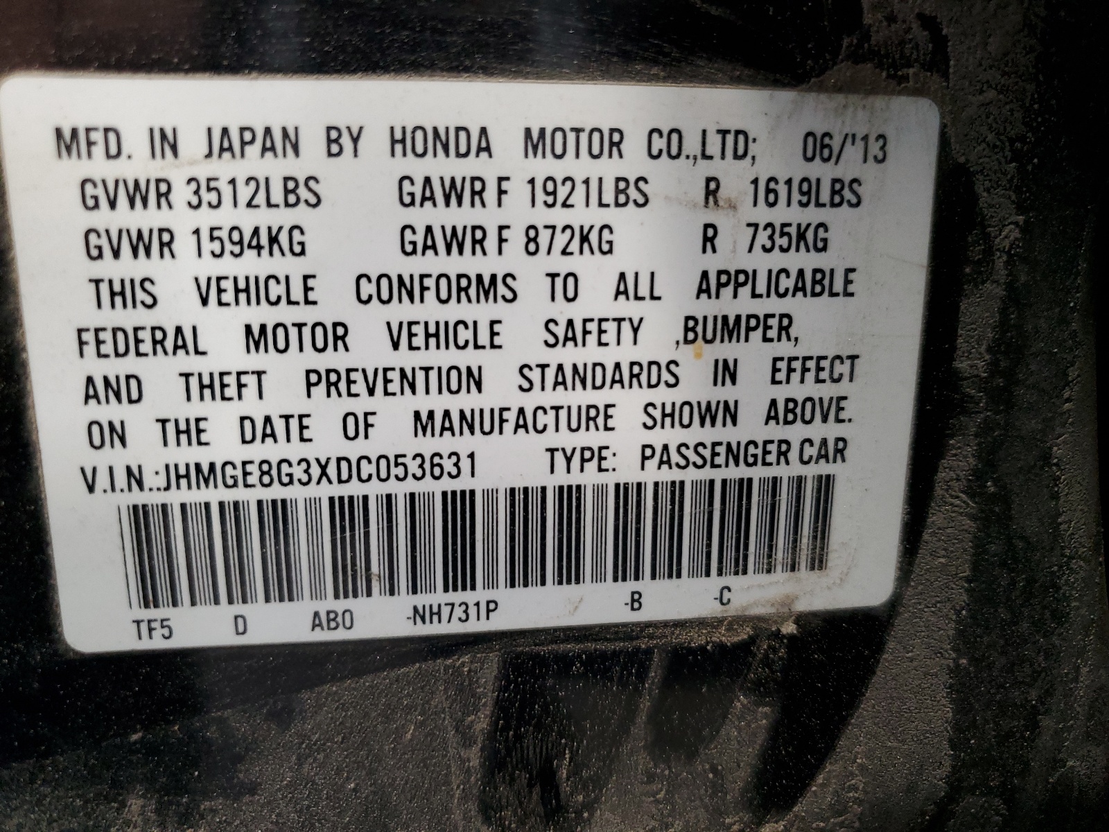 JHMGE8G3XDC053631 2013 Honda Fit