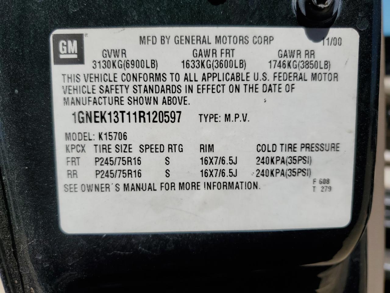 2001 Chevrolet Tahoe K1500 VIN: 1GNEK13T11R120597 Lot: 63470314