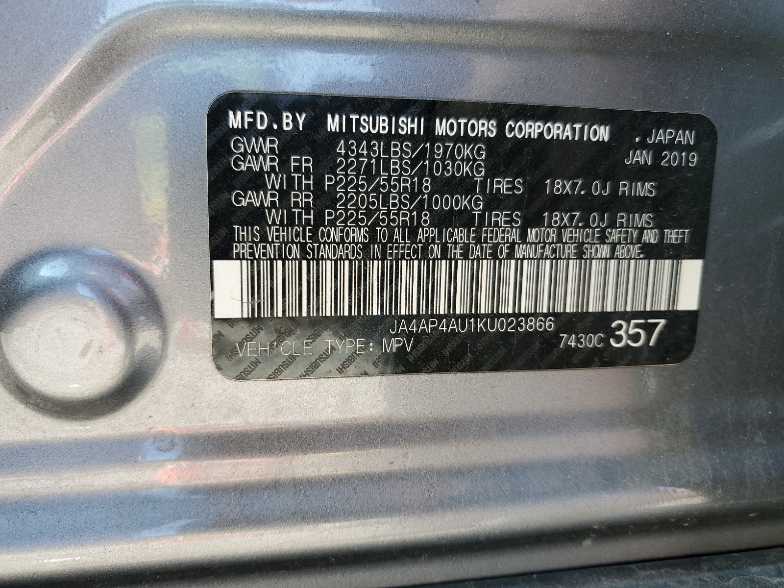 JA4AP4AU1KU023866 2019 Mitsubishi Outlander Sport Se