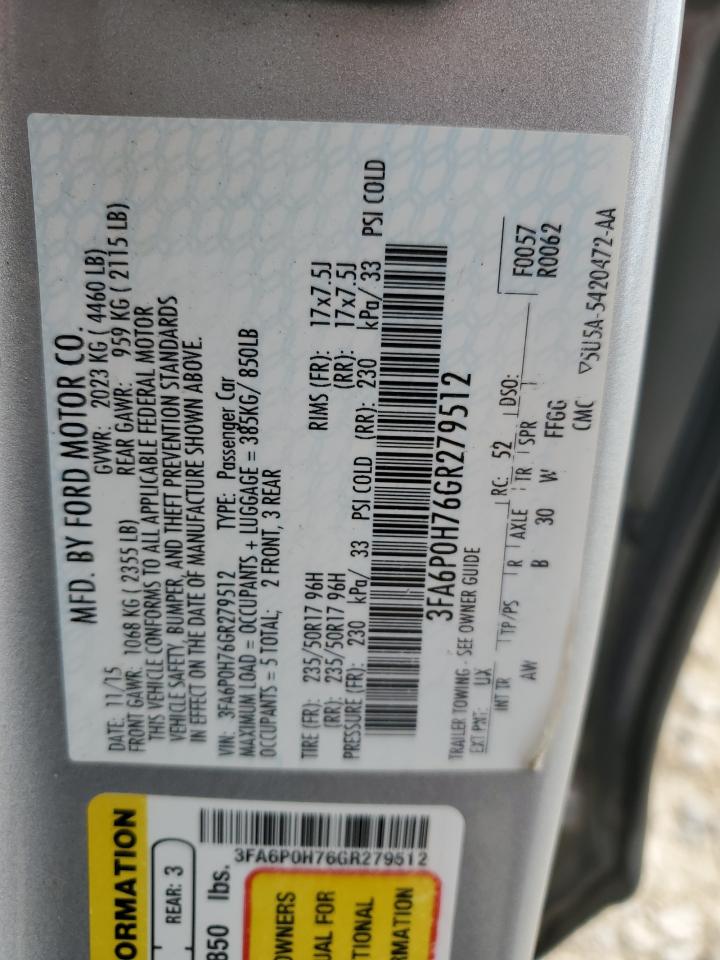 2016 Ford Fusion Se VIN: 3FA6P0H76GR279512 Lot: 64160484