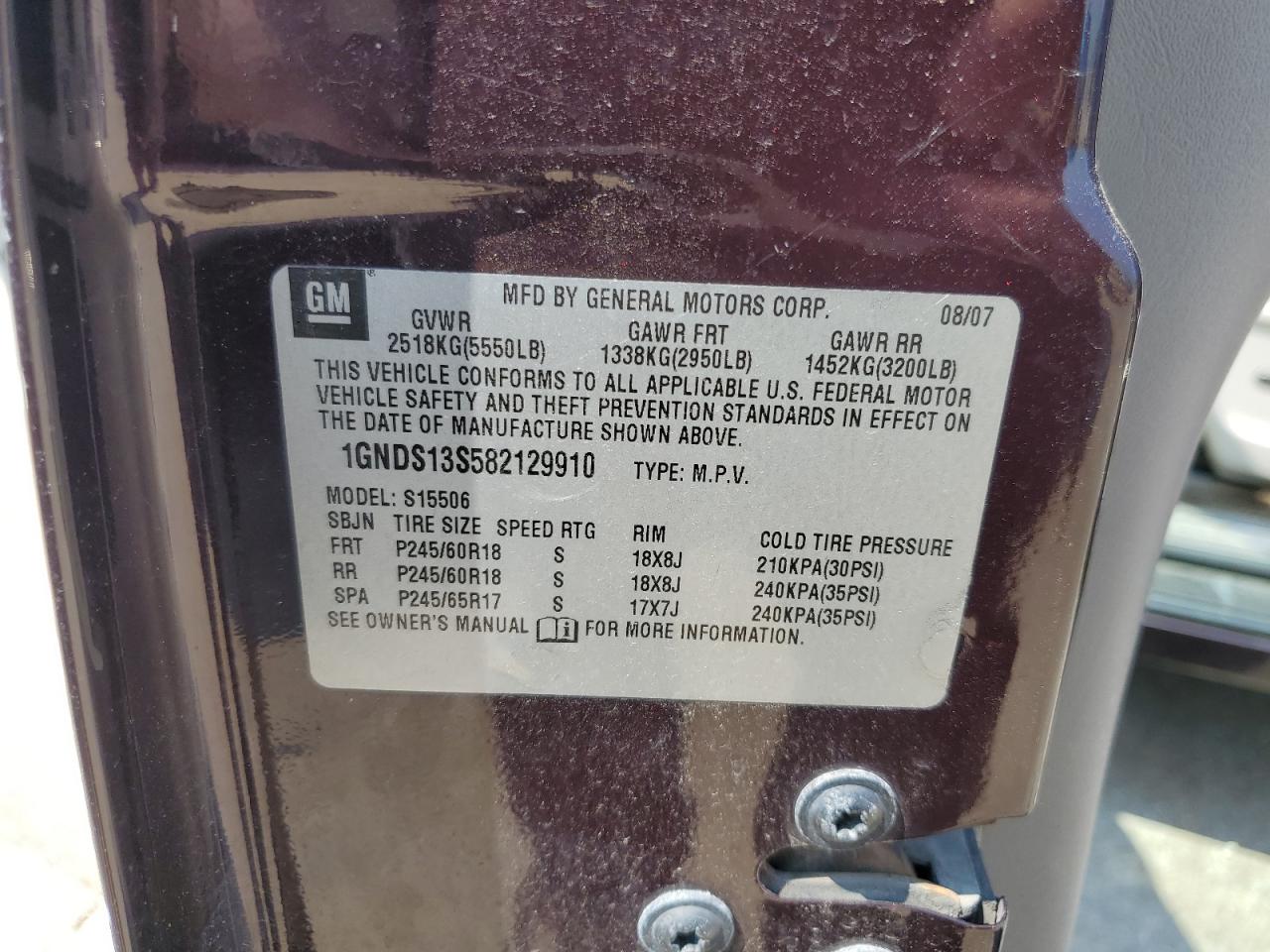 2008 Chevrolet Trailblazer Ls VIN: 1GNDS13S582129910 Lot: 62573594