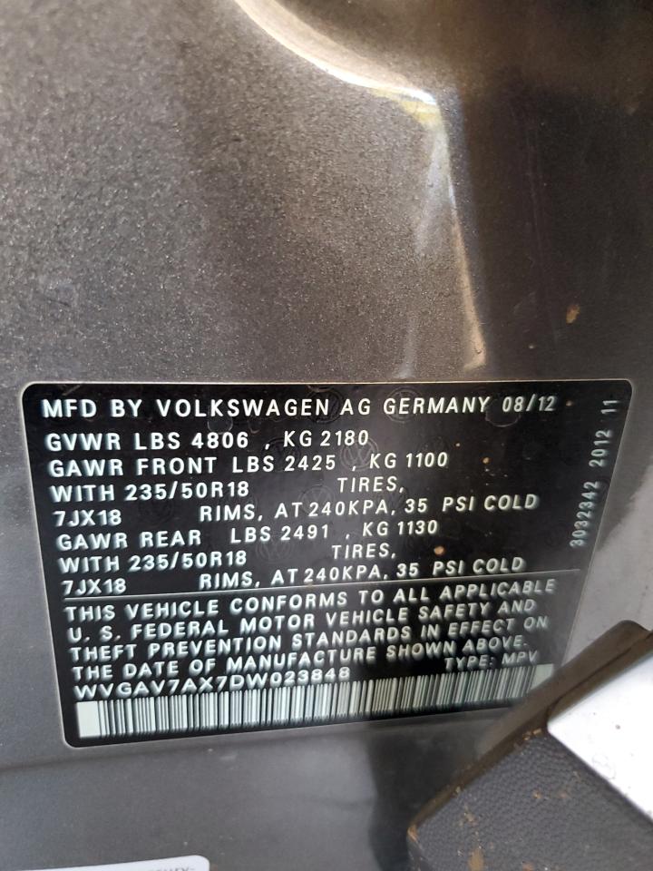 2013 Volkswagen Tiguan S VIN: WVGAV7AX7DW023848 Lot: 61550584