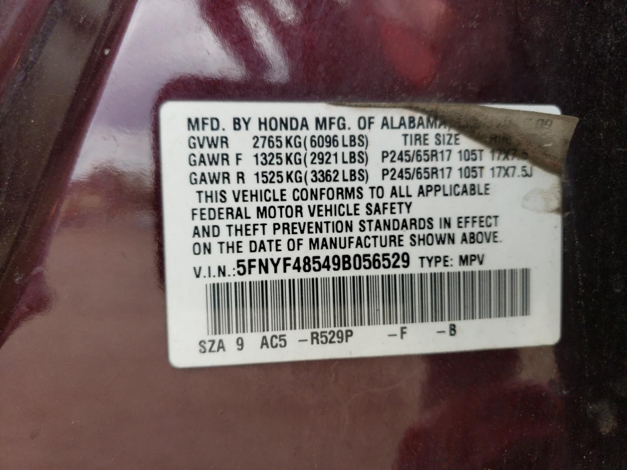 2009 Honda Pilot Exl VIN: 5FNYF48549B056529 Lot: 62925134