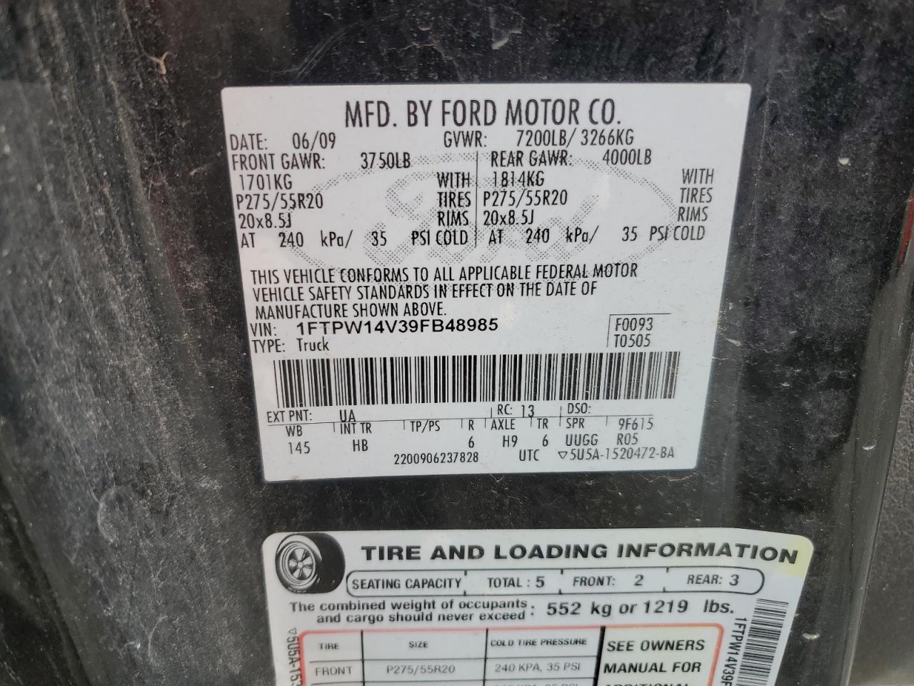 2009 Ford F150 Supercrew VIN: 1FTPW14V39FB48985 Lot: 65587334