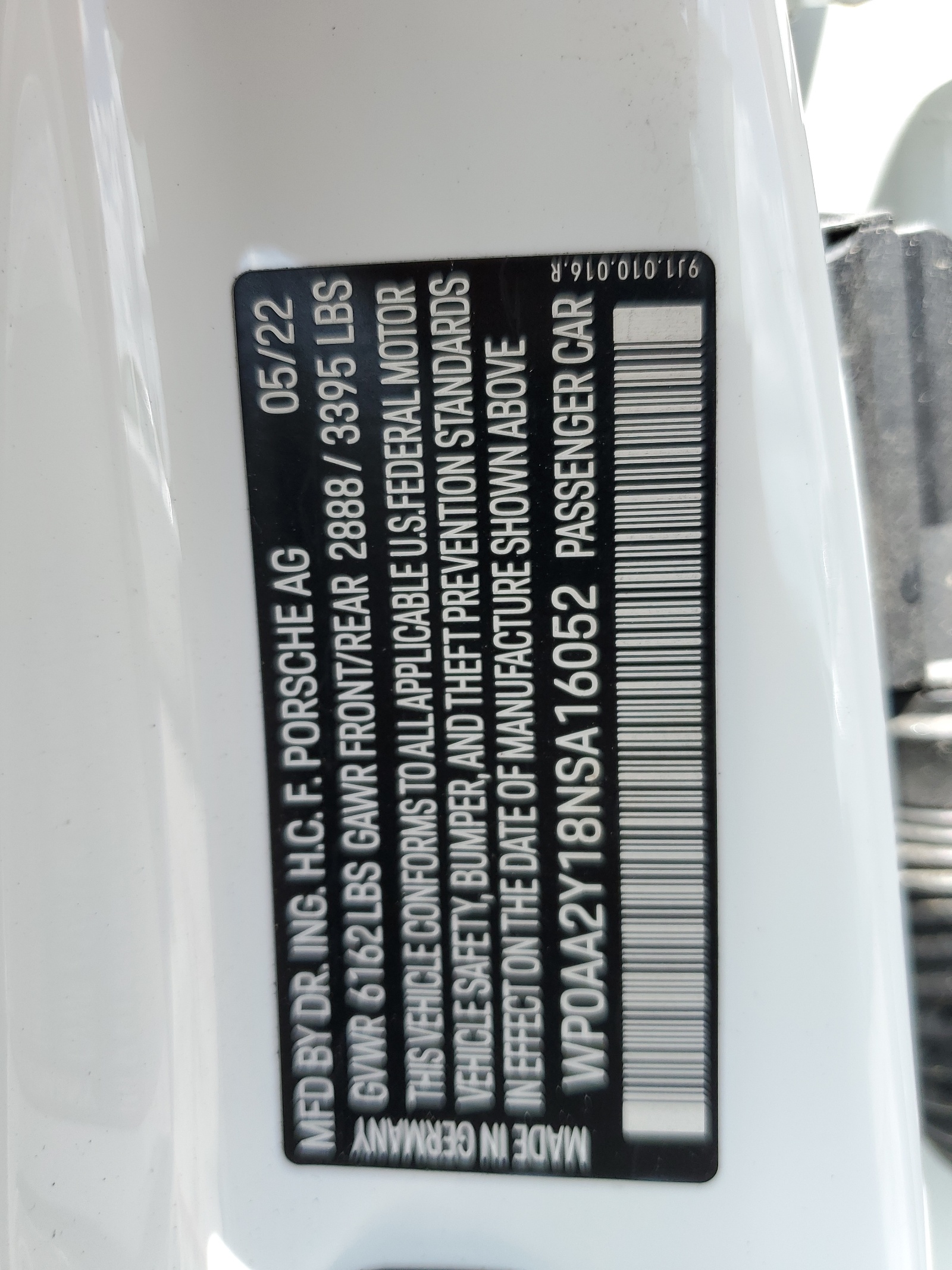 WP0AA2Y18NSA16052 2022 Porsche Taycan