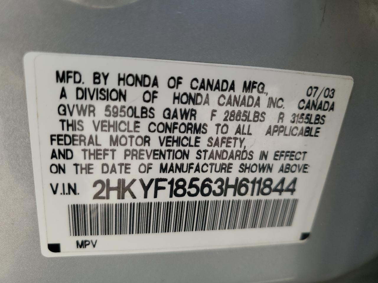 2003 Honda Pilot Exl VIN: 2HKYF18563H611844 Lot: 64204104