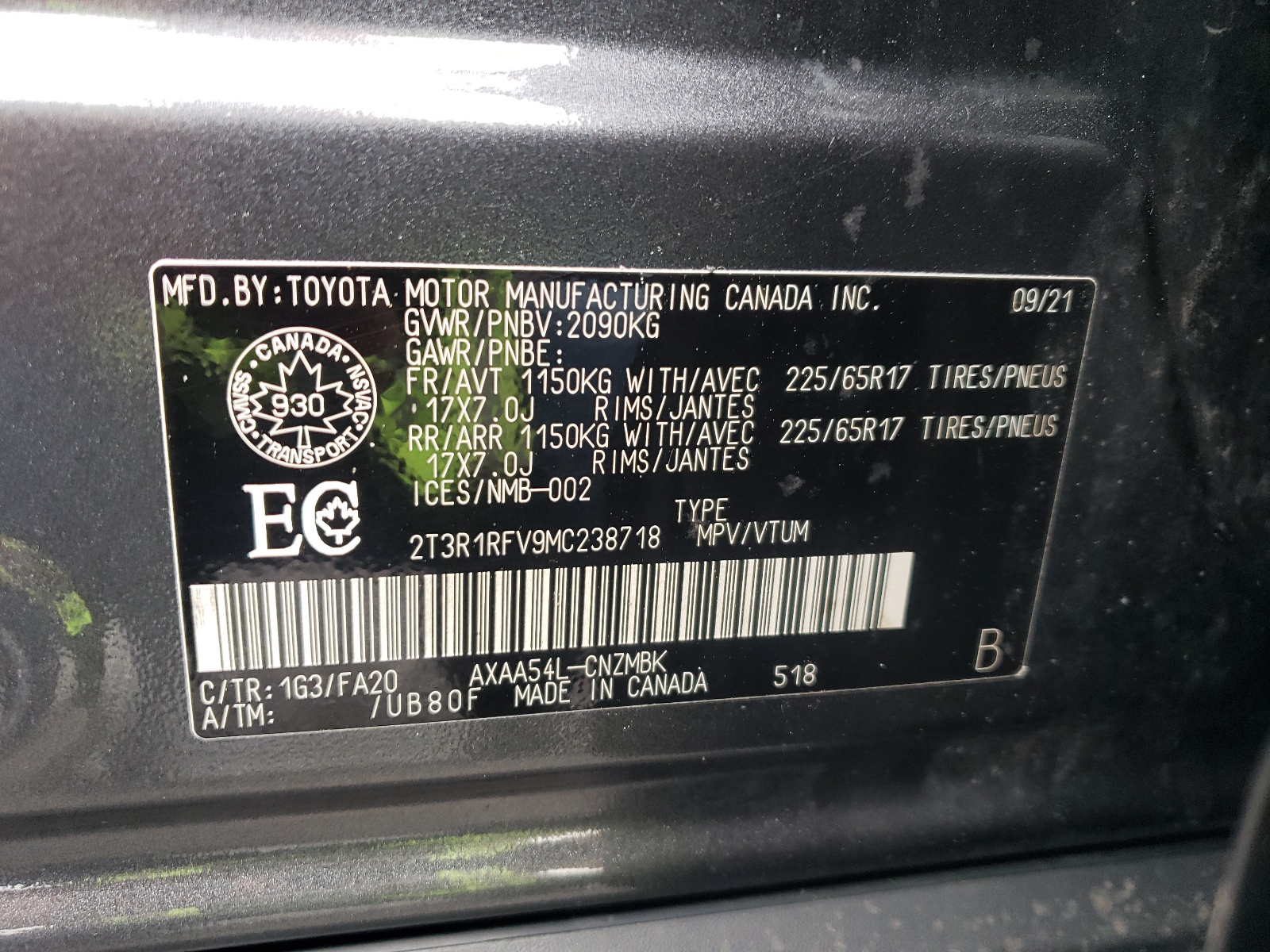 2T3R1RFV9MC238718 2021 Toyota Rav4 Xle