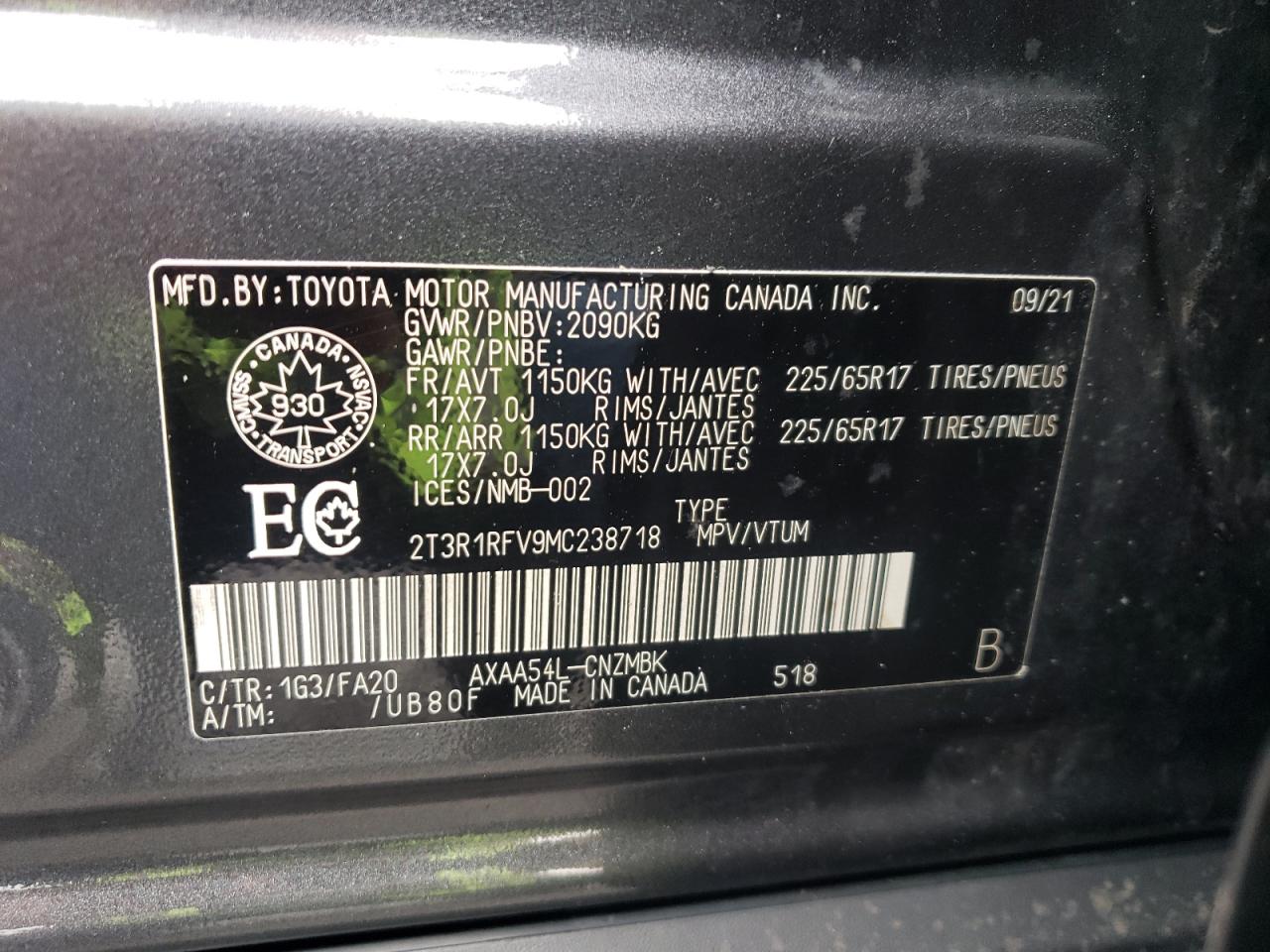 2021 Toyota Rav4 Xle VIN: 2T3R1RFV9MC238718 Lot: 61211654