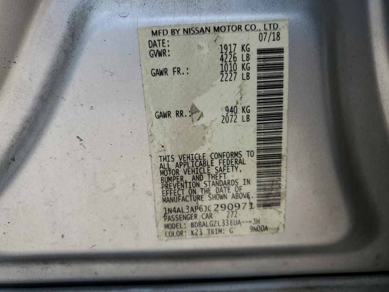 2018 Nissan Altima 2.5 VIN: 1N4AL3AP6JC290971 Lot: 64165014