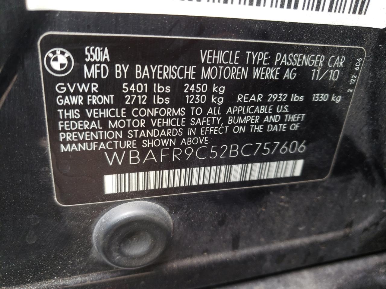 2011 BMW 550 I VIN: WBAFR9C52BC757606 Lot: 63092624