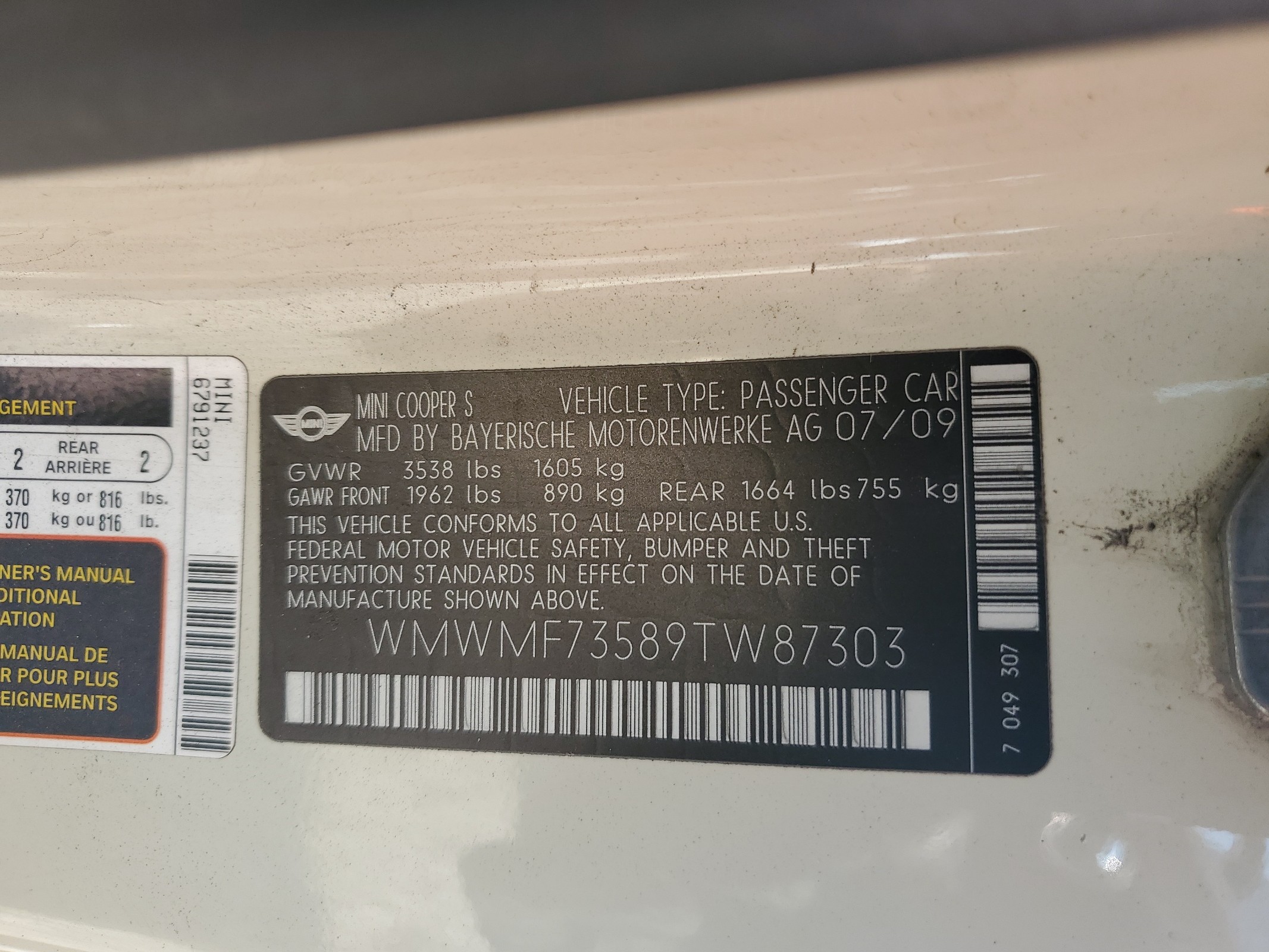 WMWMF73589TW87303 2009 Mini Cooper S