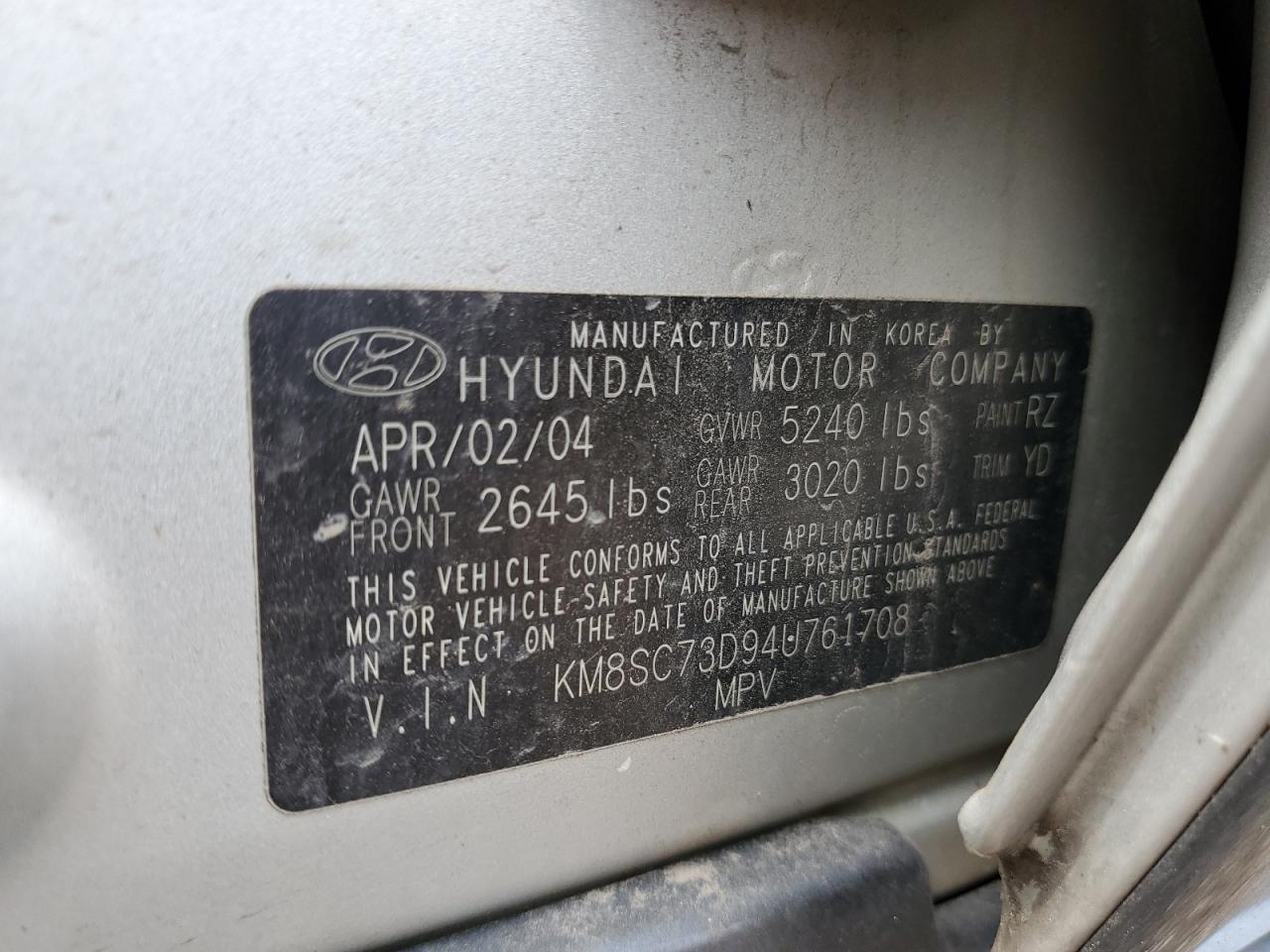 2004 Hyundai Santa Fe Gls VIN: KM8SC73D94U761708 Lot: 62091124