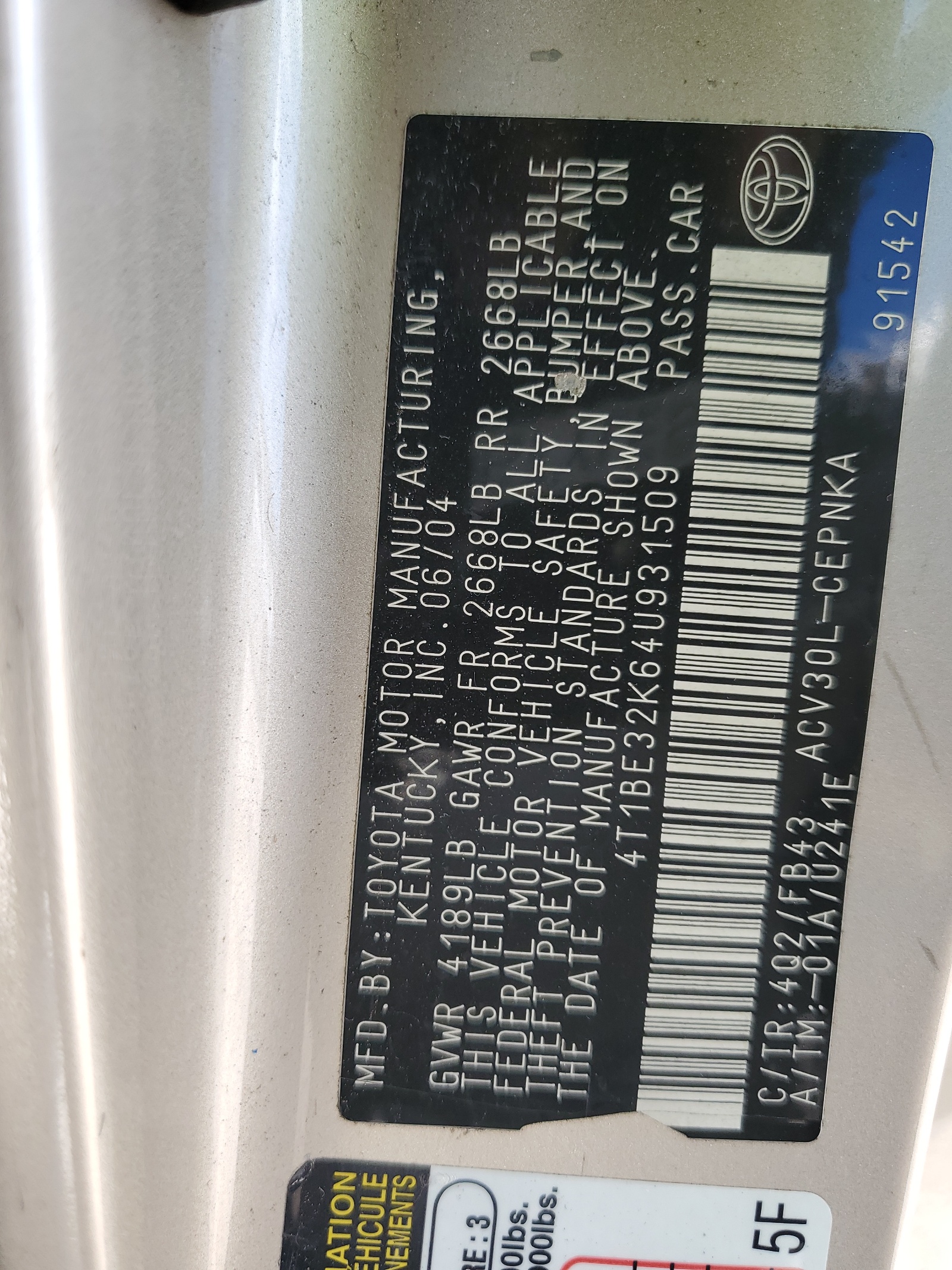 4T1BE32K64U931509 2004 Toyota Camry Le