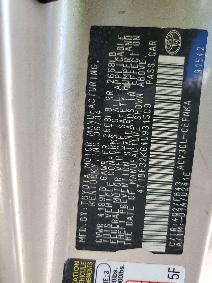 2004 Toyota Camry Le VIN: 4T1BE32K64U931509 Lot: 64009214