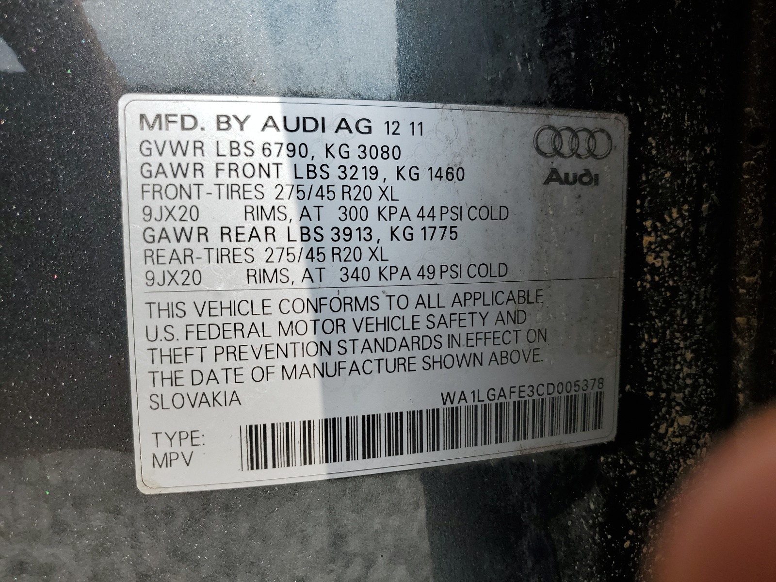 2012 Audi Q7 Premium Plus vin: WA1LGAFE3CD005878