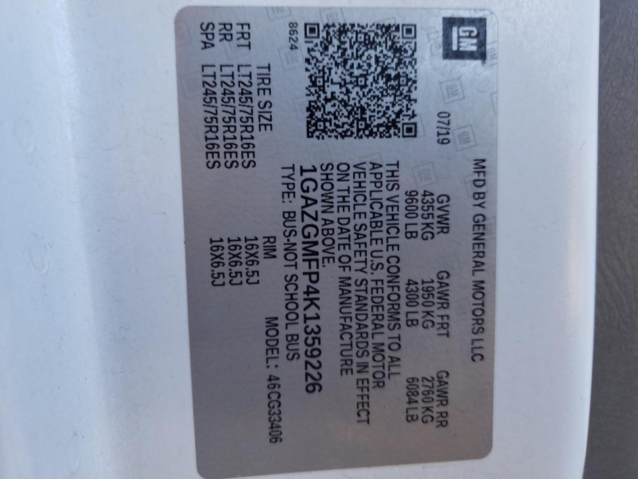 2019 Chevrolet Express G3500 Lt VIN: 1GAZGMFP4K1359226 Lot: 63719474