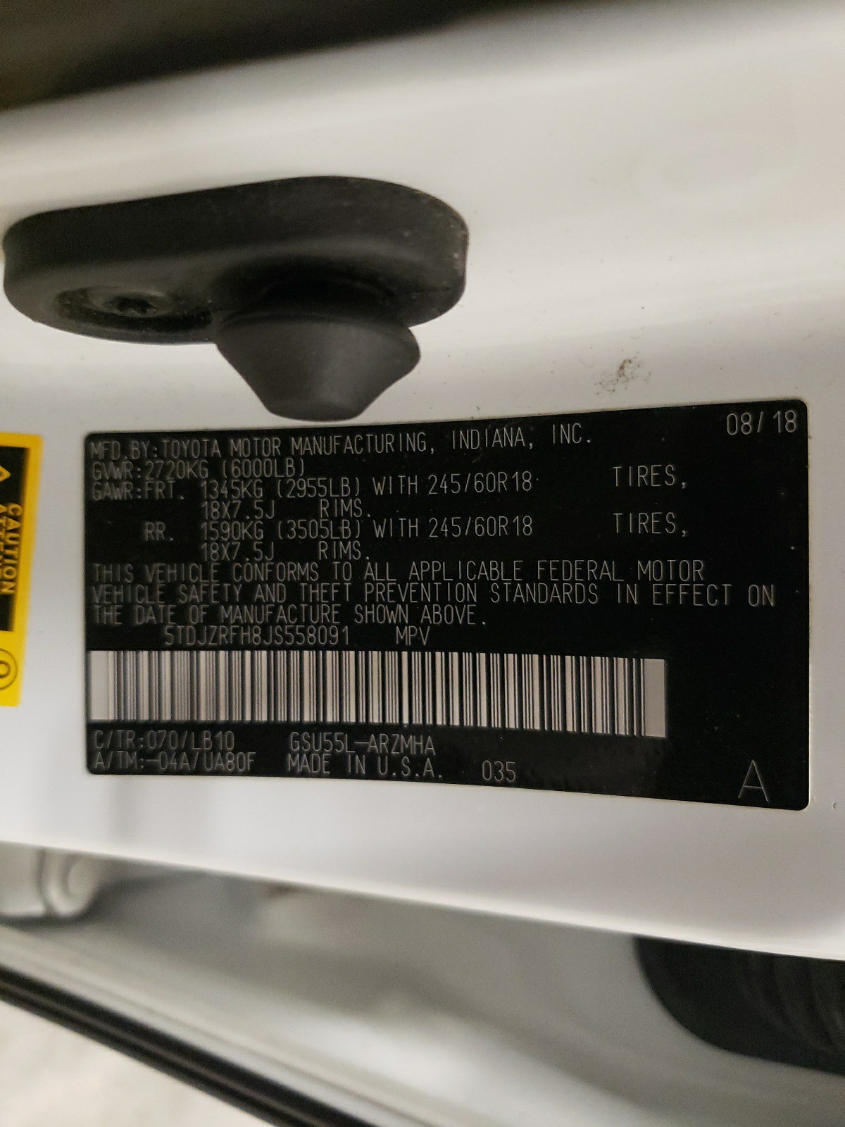 5TDJZRFH8JS558091 2018 Toyota Highlander Se