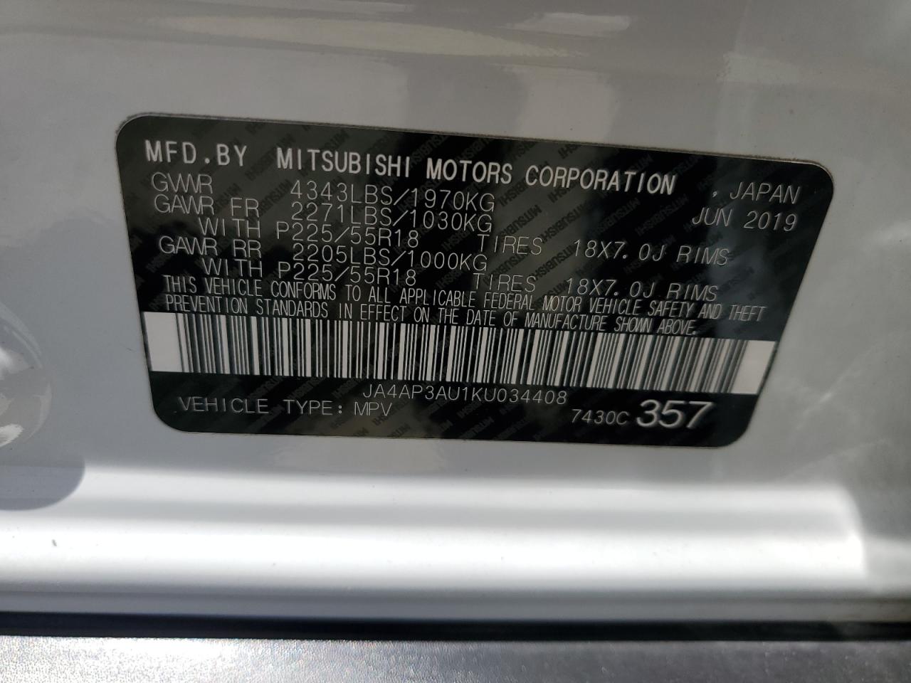 2019 Mitsubishi Outlander Sport Es VIN: JA4AP3AU1KU034408 Lot: 64064624