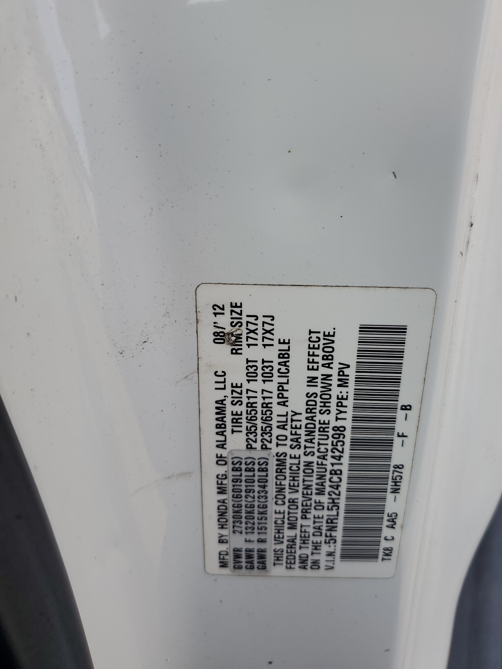 5FNRL5H24CB142598 2012 Honda Odyssey Lx