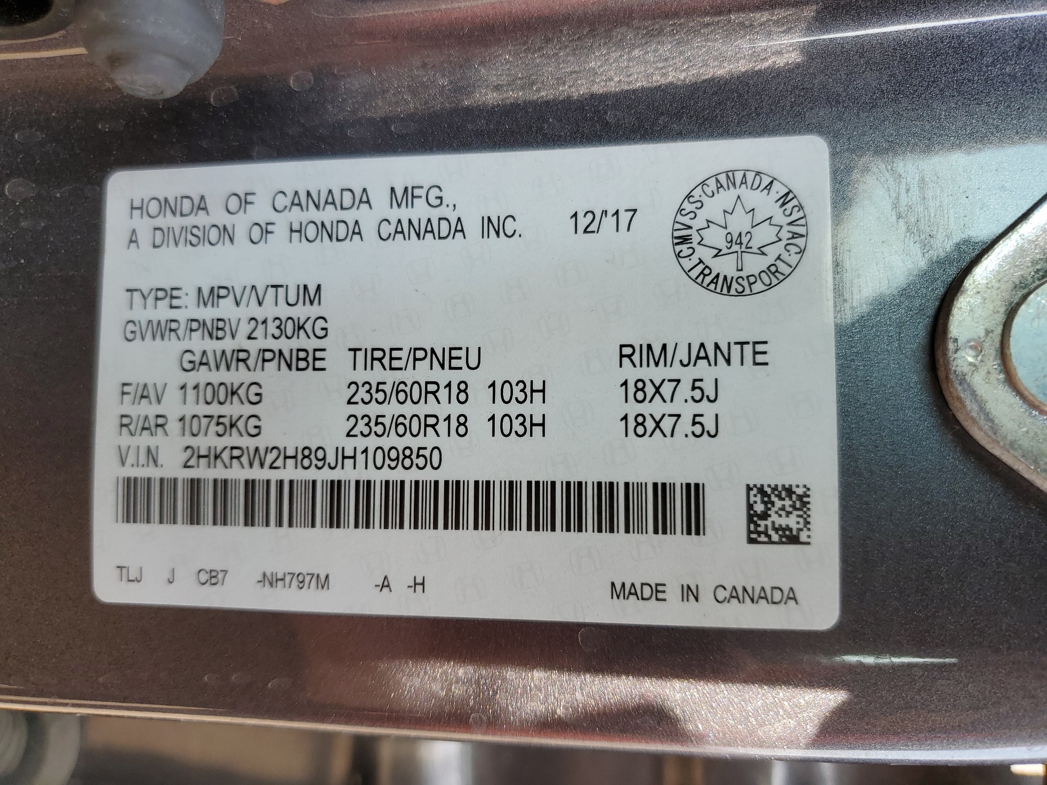 2HKRW2H89JH109850 2018 Honda Cr-V Exl