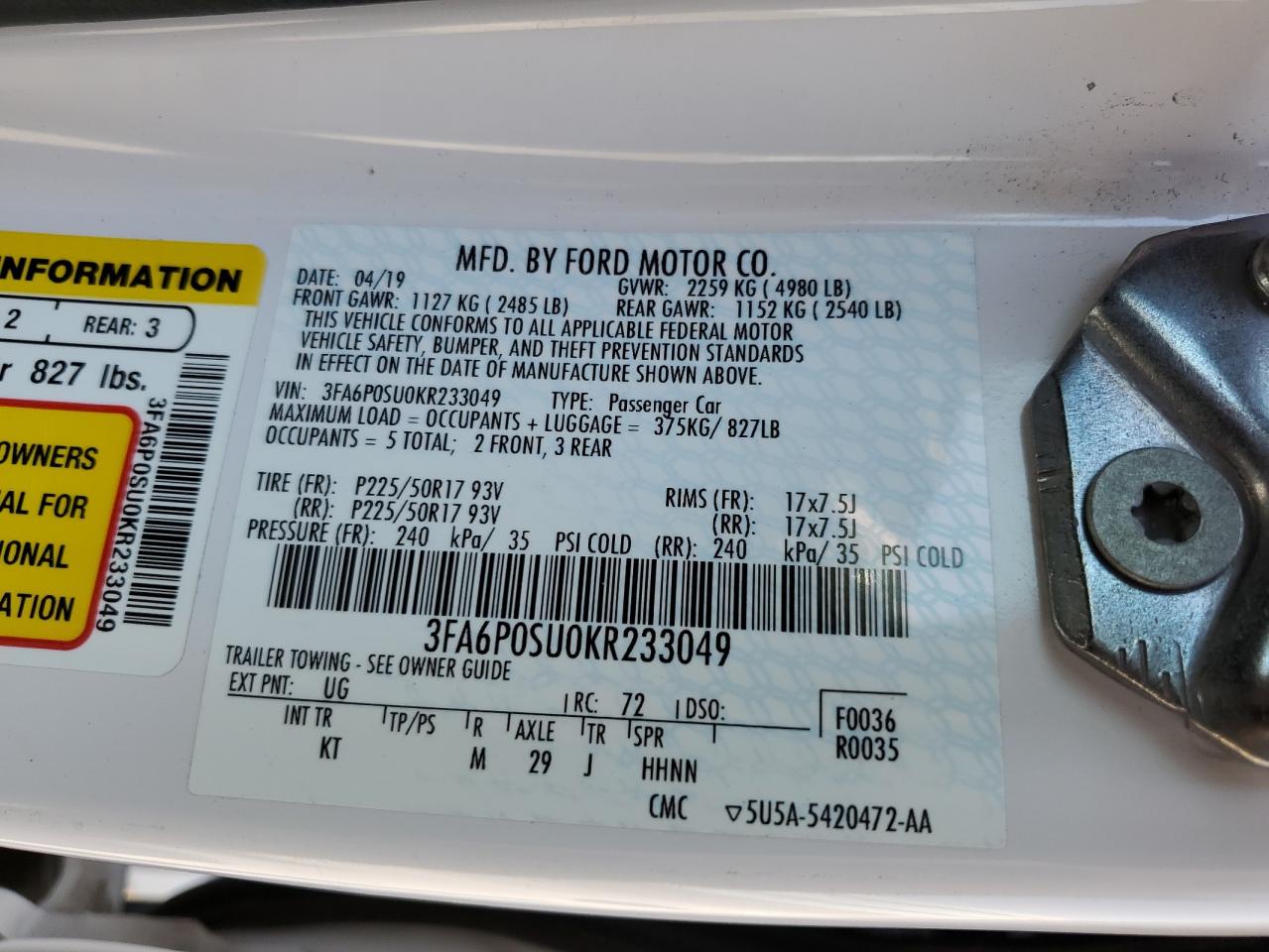 2019 Ford Fusion Titanium VIN: 3FA6P0SU0KR233049 Lot: 62722704