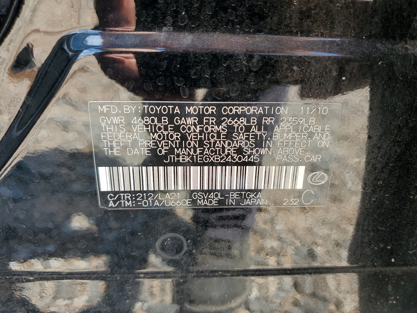 JTHBK1EGXB2430445 2011 Lexus Es 350