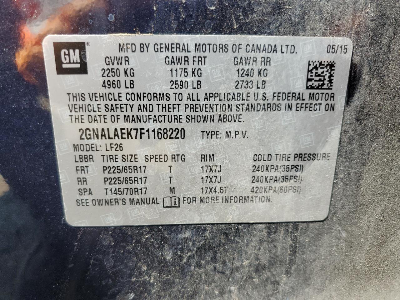 2GNALAEK7F1168220 2015 Chevrolet Equinox Ls