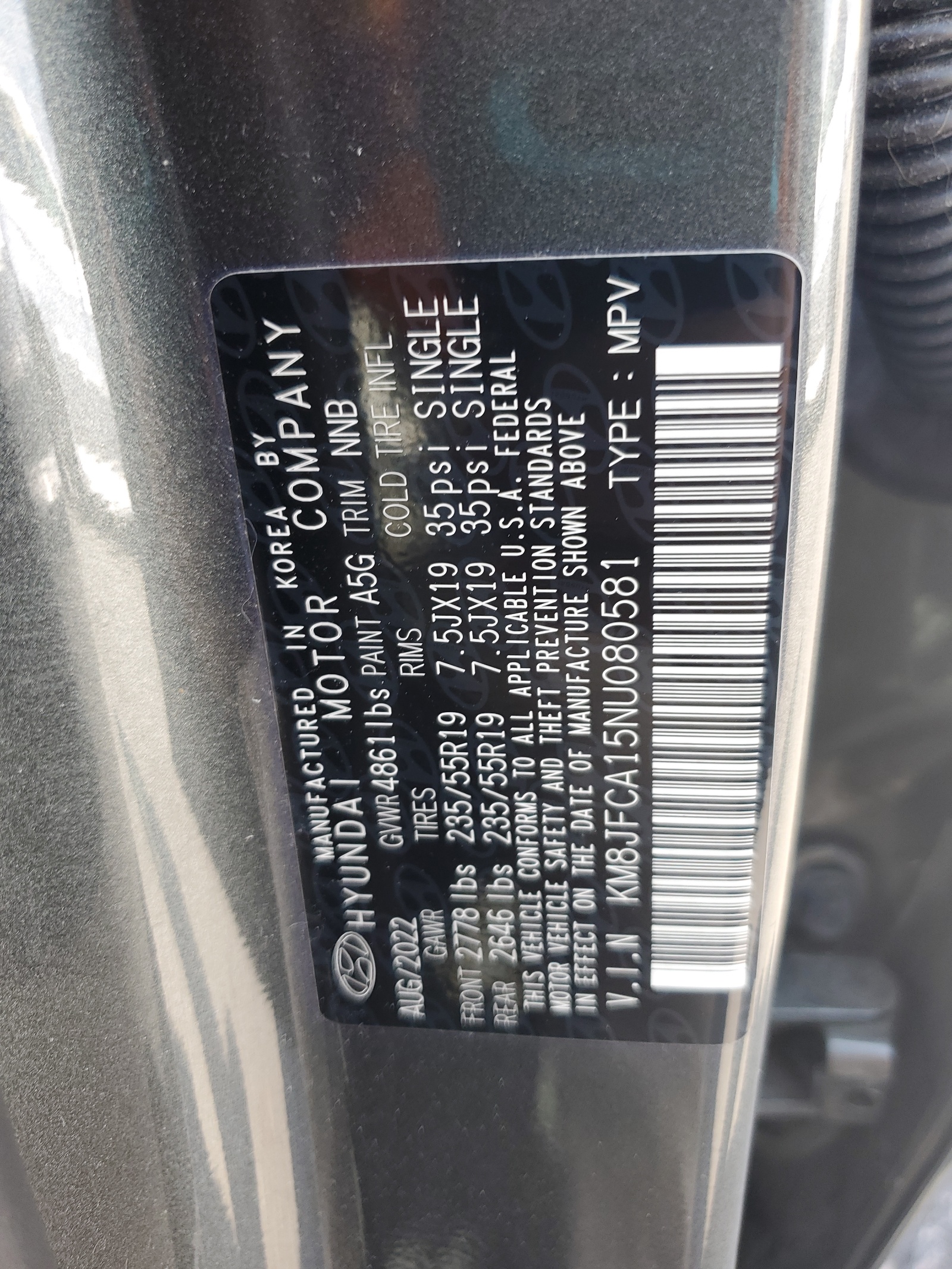 KM8JFCA15NU080581 2022 Hyundai Tucson Sel Convenience