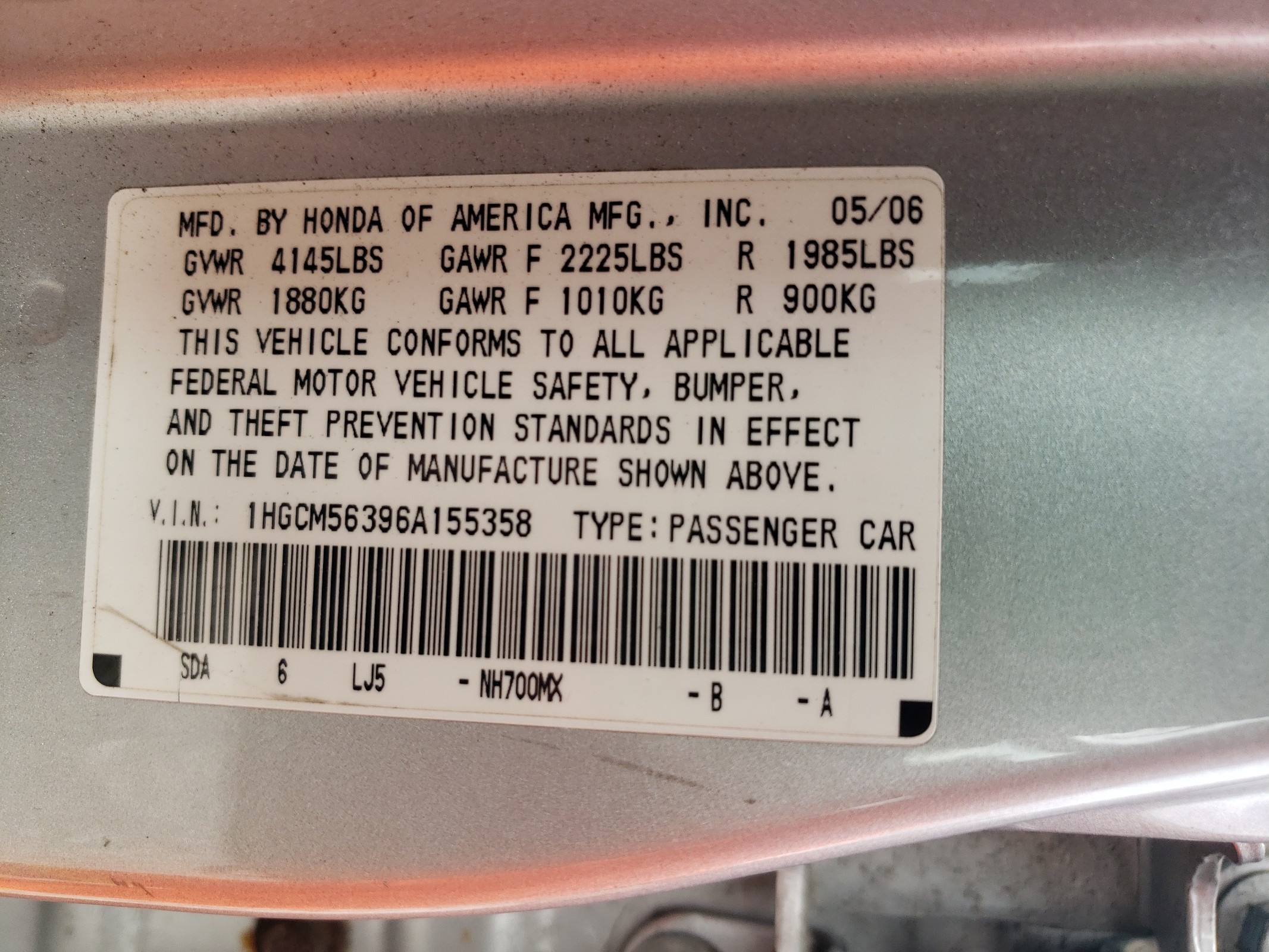 1HGCM56396A155358 2006 Honda Accord Se