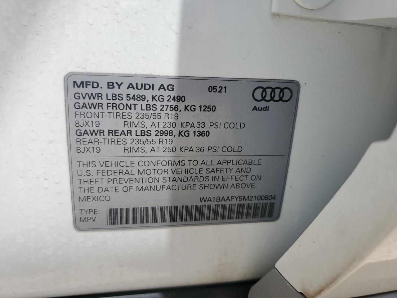 2021 Audi Q5 Premium Plus VIN: WA1BAAFY5M2100804 Lot: 64365904