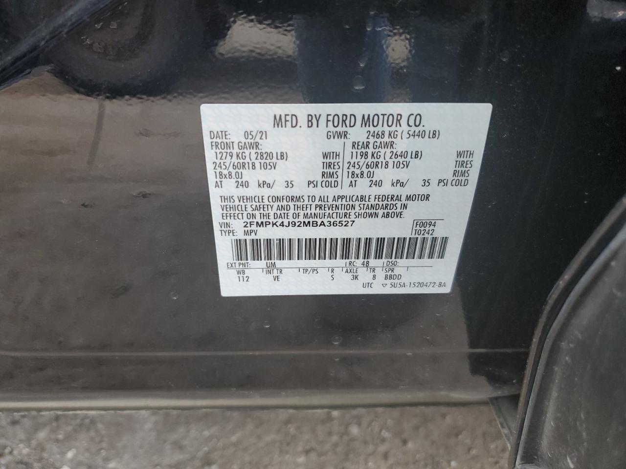 2021 Ford Edge Sel VIN: 2FMPK4J92MBA36527 Lot: 64679184