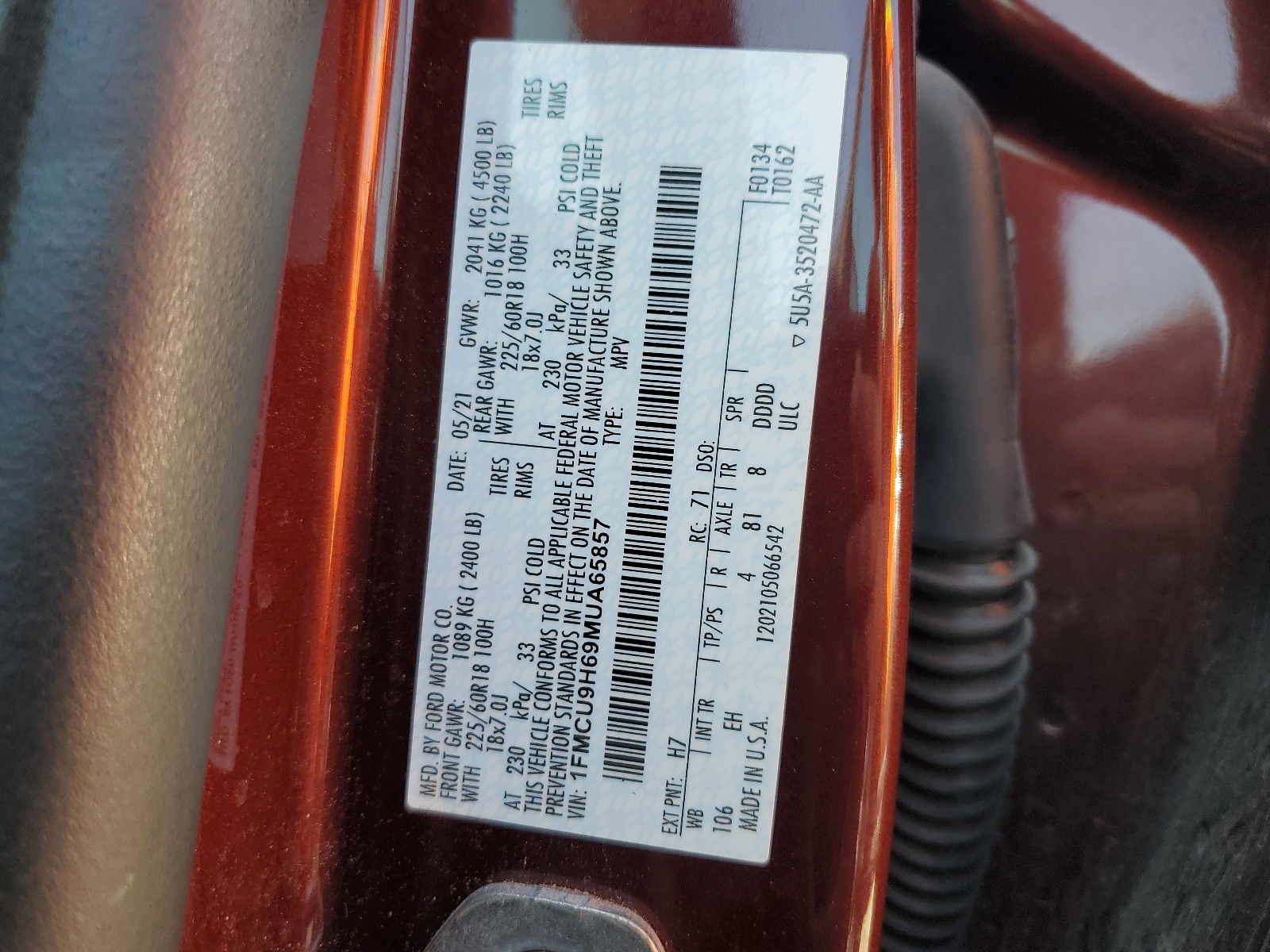 1FMCU9H69MUA65857 2021 Ford Escape Sel