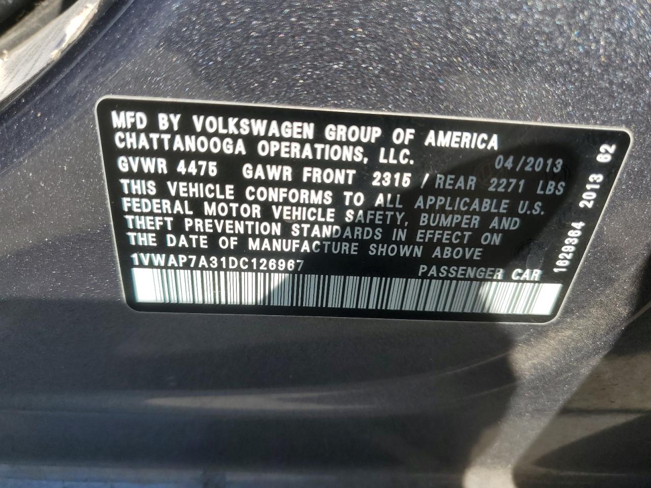 1VWAP7A31DC126967 2013 Volkswagen Passat S