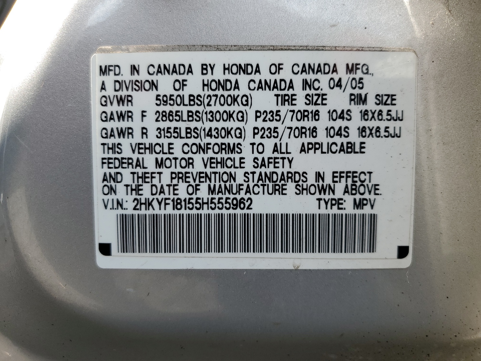 2HKYF18155H555962 2005 Honda Pilot Lx