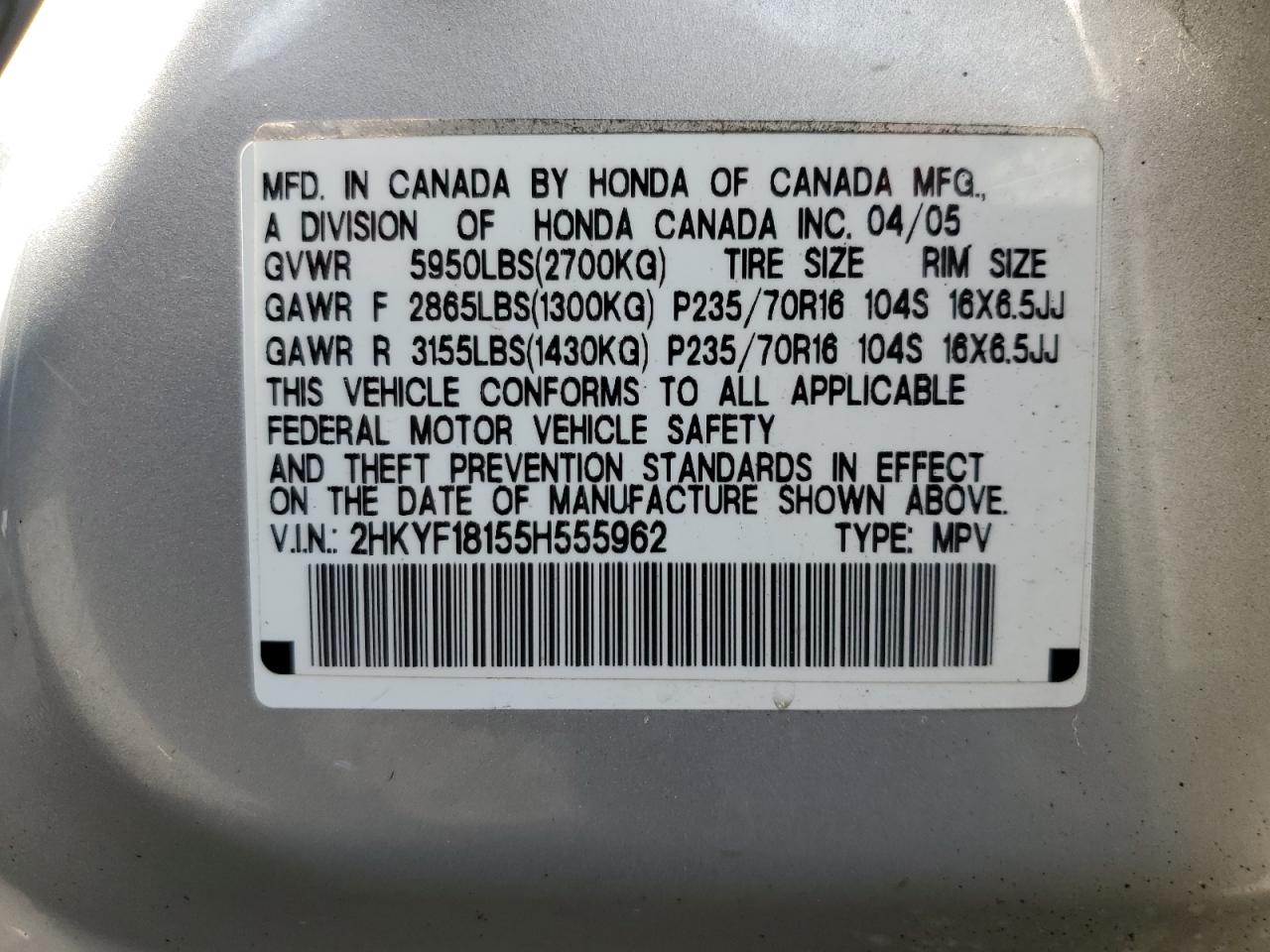 2005 Honda Pilot Lx VIN: 2HKYF18155H555962 Lot: 65118664